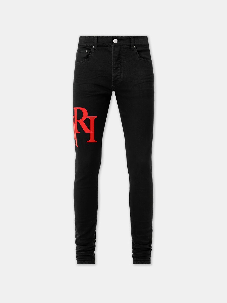SKINNY-JEANS MIT VERSETZTEM LOGO – Schwarz-Rot